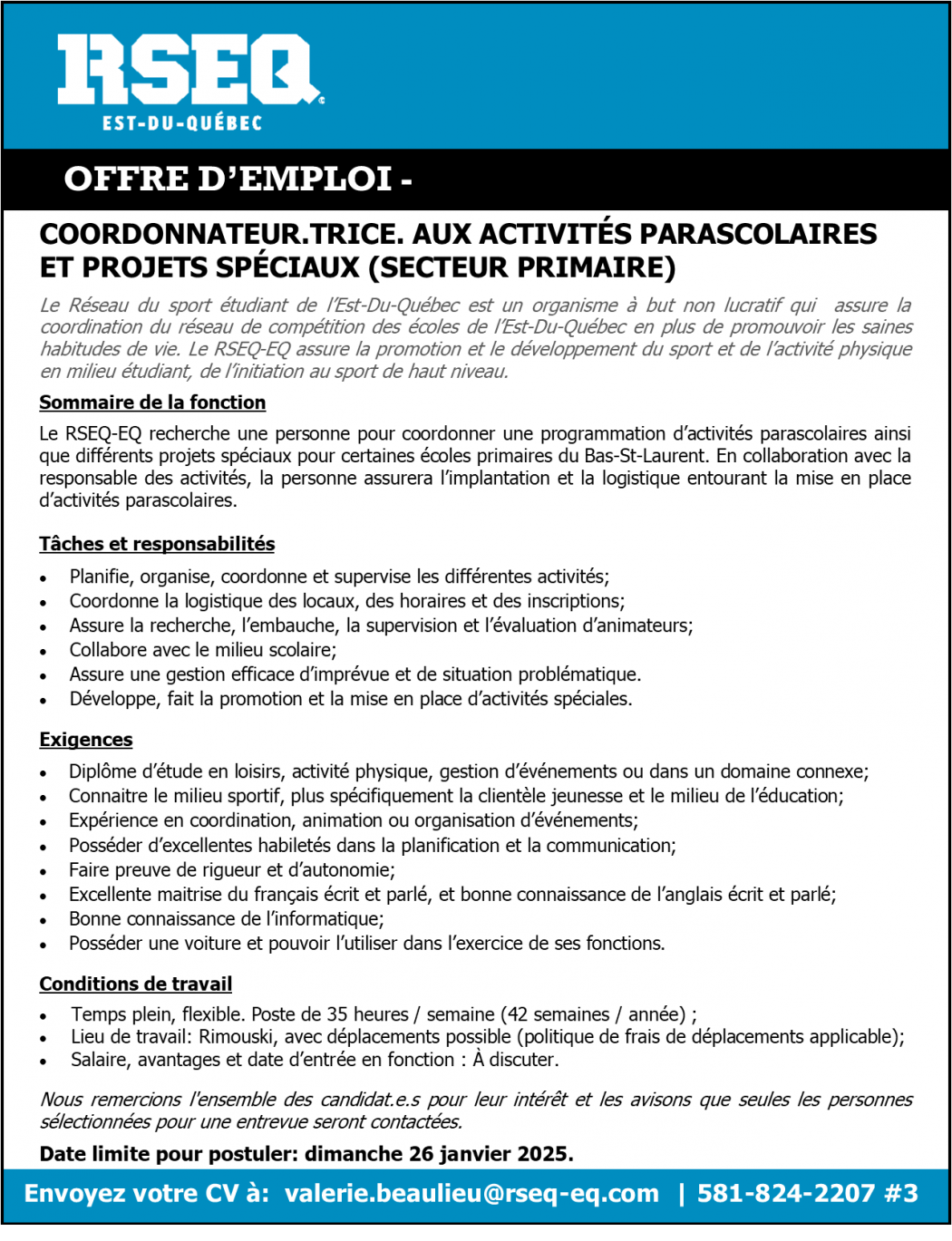 Offre d'emploi - Coordonnateur/Coordonnatrice aux activités parascolaires et projets spéciaux (secteur primaire)